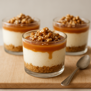 Cheesecake sans cuisson individuel au caramel salé et noix — cœur fondant Trois verrines de cheesecake sans cuisson au caramel salé et noix, caramel coulant et noix concassées sur le dessus