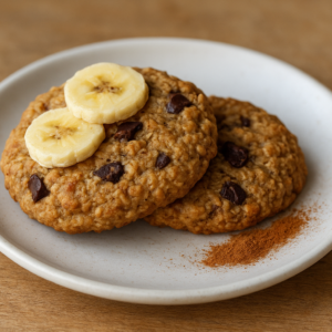 Cookies minceur avoine‑banane (sans beurre, sans sucre ajouté) — portion individuelle Deux cookies moelleux avoine‑banane sur une assiette blanche, flocons d'avoine visibles et tranches de banane à côté