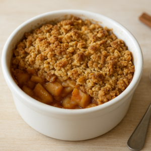 Crumble aux pommes allégé (portion individuelle, topping à l'avoine) Ramequin individuel de crumble aux pommes allégé avec topping à l'avoine, doré et croustillant