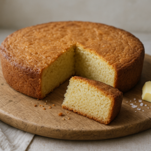 Gâteau breton moelleux au beurre salé — recette traditionnelle facile Gâteau breton au beurre salé doré, une tranche coupée montrant la mie moelleuse, présenté sur une planche en bois avec un morceau de beurre salé.