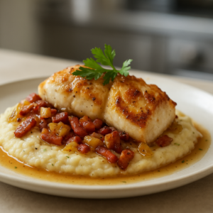Lotte rôtie aux lardons et citrons confits, purée onctueuse de fenouil Lotte rôtie nappée de sauce aux lardons et citrons confits, servie sur purée de fenouil avec pluches de persil