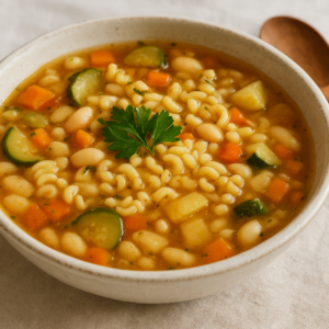 Minestrone rustique aux petites pâtes (pâtes ajoutées sans égouttage) Minestrone rustique aux petites pâtes, légumes et haricots cannellini, parsemée de persil