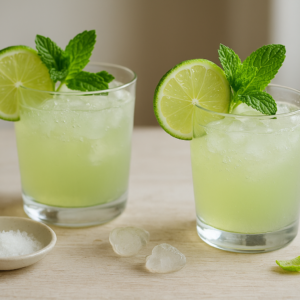 Mocktail «Margarita» au thé vert, citron vert et agave (sans alcool) Deux verres de mocktail vert pâle au thé vert, garnis de rondelles de citron vert et de menthe, avec glaçons et bulles visibles