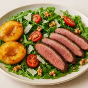Salade minceur au magret de canard grillé, pêches rôties et roquette — version allégée Assiette de salade minceur avec roquette, tranches fines de magret rosé et pêches rôties