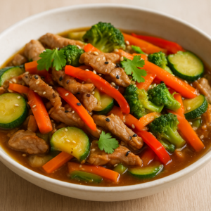 Sauté de porc minceur aux légumes croquants (version rapide et allégée) Sauté de porc minceur aux légumes croquants : lanières de porc dorées avec carottes en julienne, poivron rouge, courgette et brocoli, parsemé de graines de sésame et coriandre