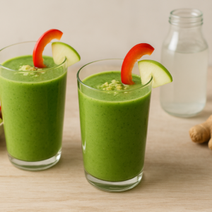 Smoothie vert riche en vitamine C (poivron rouge, pomme verte & gingembre) Deux verres de smoothie vert crémeux garnis d'une tranche de poivron rouge et d'une fine tranche de pomme verte, morceaux de poivron et demi‑pomme à côté, bouteille d'eau de coco en arrière-plan.