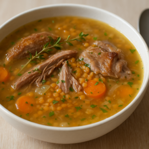 Soupe minceur de cuisse de canard dégraissée, lentilles corail et thym Bol de soupe dorée aux lentilles corail, morceaux de chair de cuisse de canard dégraissée, thym et persil