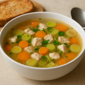 Soupe minceur express au poulet façon casserole du Vaucluse (bouillon dégraissé, 30 min) Bol de soupe de poulet légère avec morceaux de poulet, carottes et poireau, persil haché et tranche de pain complet en accompagnement