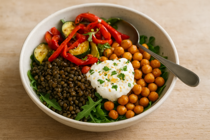 Bowl de lentilles du Puy avec pois chiches rôtis, légumes rôtis et sauce yaourt citronnée, garni de persil et graines de sésame