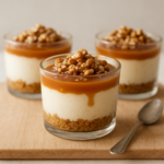 Trois verrines de cheesecake sans cuisson au caramel salé et noix, caramel coulant et noix concassées sur le dessus