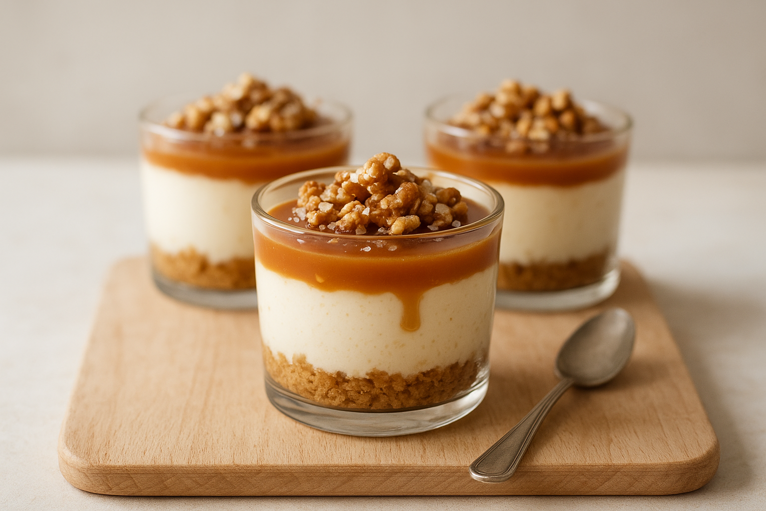 Trois verrines de cheesecake sans cuisson au caramel salé et noix, caramel coulant et noix concassées sur le dessus
