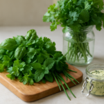 Bouquet d'herbes fraîches avec bocal d'eau et pot de beurre d'herbes sur planche en bois
