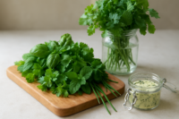 Bouquet d'herbes fraîches avec bocal d'eau et pot de beurre d'herbes sur planche en bois