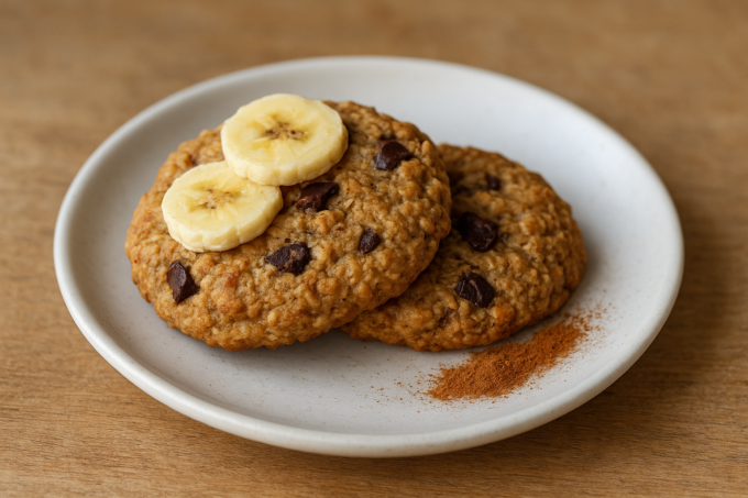 Deux cookies moelleux avoine‑banane sur une assiette blanche, flocons d'avoine visibles et tranches de banane à côté