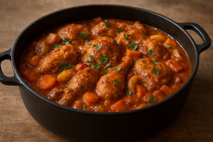 Cocotte en fonte contenant des morceaux de coq en sauce aux tomates, carottes et persil ciselé
