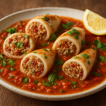 Encornets farcis à la provençale au riz et tomates séchées, servis en plat à gratin avec herbes fraîches