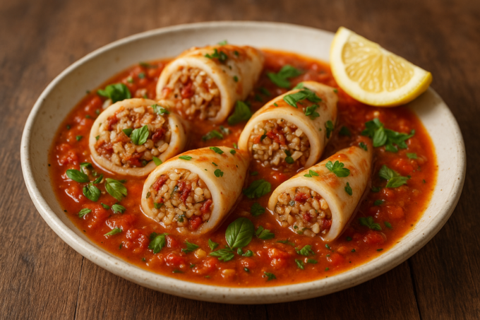 Encornets farcis à la provençale au riz et tomates séchées, servis en plat à gratin avec herbes fraîches