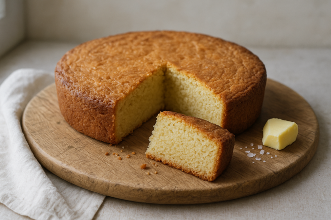 Gâteau breton au beurre salé doré, une tranche coupée montrant la mie moelleuse, présenté sur une planche en bois avec un morceau de beurre salé.