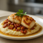 Lotte rôtie nappée de sauce aux lardons et citrons confits, servie sur purée de fenouil avec pluches de persil