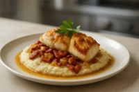 Lotte rôtie nappée de sauce aux lardons et citrons confits, servie sur purée de fenouil avec pluches de persil