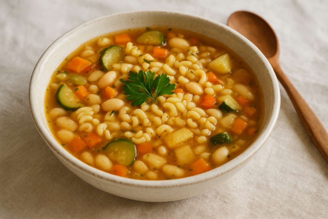 Minestrone rustique aux petites pâtes, légumes et haricots cannellini, parsemée de persil