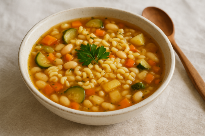 Minestrone rustique aux petites pâtes, légumes et haricots cannellini, parsemée de persil