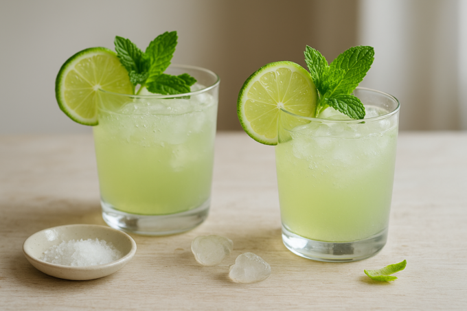 Deux verres de mocktail vert pâle au thé vert, garnis de rondelles de citron vert et de menthe, avec glaçons et bulles visibles