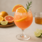 Mocktail spritz agrumes et romarin dans un verre ballon, garni d'une branche de romarin