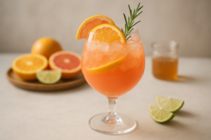 Mocktail spritz agrumes et romarin dans un verre ballon, garni d'une branche de romarin