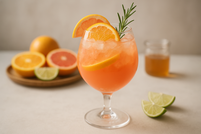 Mocktail spritz agrumes et romarin dans un verre ballon, garni d'une branche de romarin