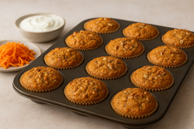 Muffins moelleux aux carottes, flocons d'avoine et fromage blanc disposés dans un moule à muffins, avec carottes râpées et bol de fromage blanc en arrière‑plan