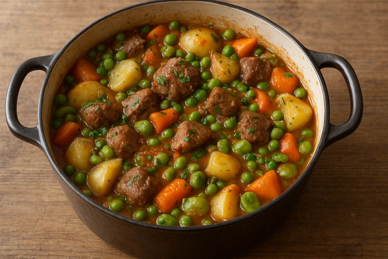 Navarin d'agneau printanier dans une cocotte en fonte, légumes nouveaux et herbes fraîches
