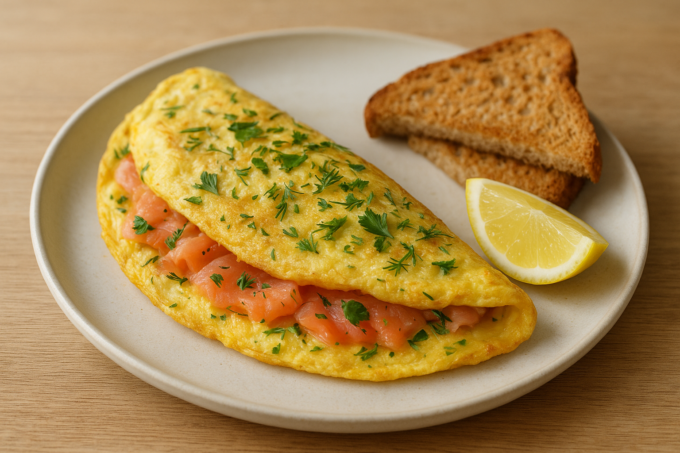 Omelette moelleuse au saumon fumé et fines herbes, servie avec quartier de citron et pain grillé