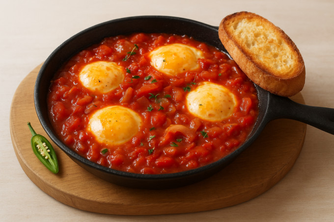 Poêle de rougail d'œufs : œufs dans une sauce tomate‑oignon parfumée au thym, servis tièdes avec une tranche de pain grillé
