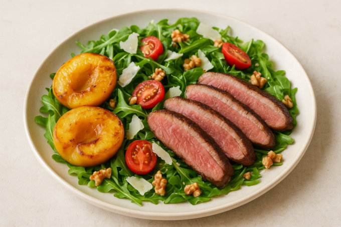 Assiette de salade minceur avec roquette, tranches fines de magret rosé et pêches rôties