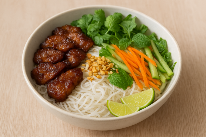 Bol de salade vietnamienne : vermicelles, porc caramélisé brillant, pickles de carotte et concombre, herbes fraîches et cacahuètes concassées