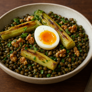 Salade tiède de lentilles du Puy avec poireaux rôtis, noix toastées et œuf mollet ouvert