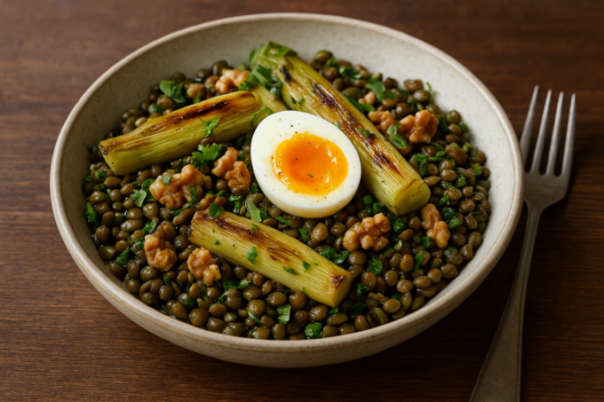 Salade tiède de lentilles du Puy avec poireaux rôtis, noix toastées et œuf mollet ouvert