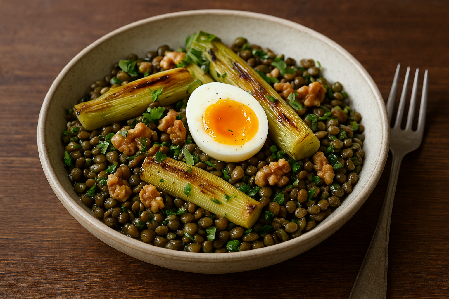 Salade tiède de lentilles du Puy avec poireaux rôtis, noix toastées et œuf mollet ouvert