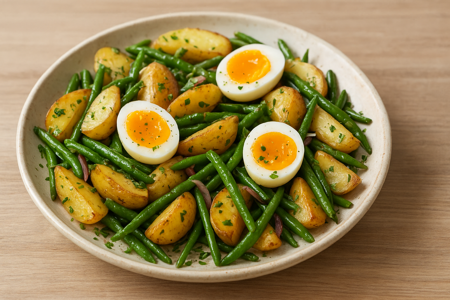 Salade tiède de pommes de terre rôties, haricots verts et œufs mollets coupés avec jaune coulant, persil ciselé