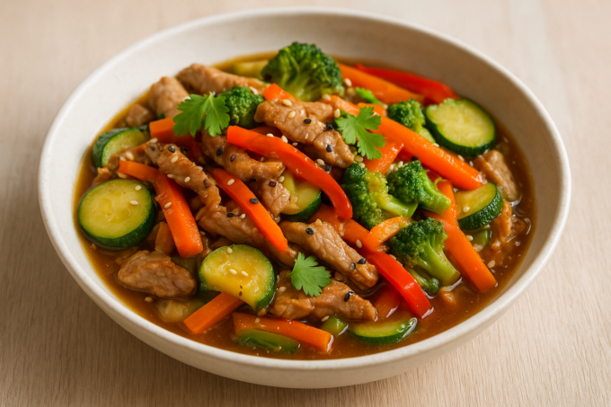 Sauté de porc minceur aux légumes croquants : lanières de porc dorées avec carottes en julienne, poivron rouge, courgette et brocoli, parsemé de graines de sésame et coriandre