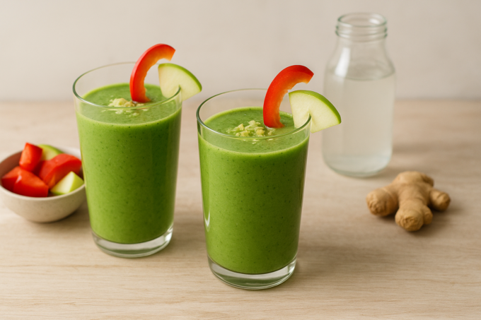 Deux verres de smoothie vert crémeux garnis d'une tranche de poivron rouge et d'une fine tranche de pomme verte, morceaux de poivron et demi‑pomme à côté, bouteille d'eau de coco en arrière-plan.