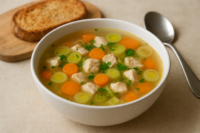 Bol de soupe de poulet légère avec morceaux de poulet, carottes et poireau, persil haché et tranche de pain complet en accompagnement