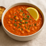 Bol de soupe rustique de pois chiches et tomates, parsemée de persil, avec une tranche de pain grillé à côté
