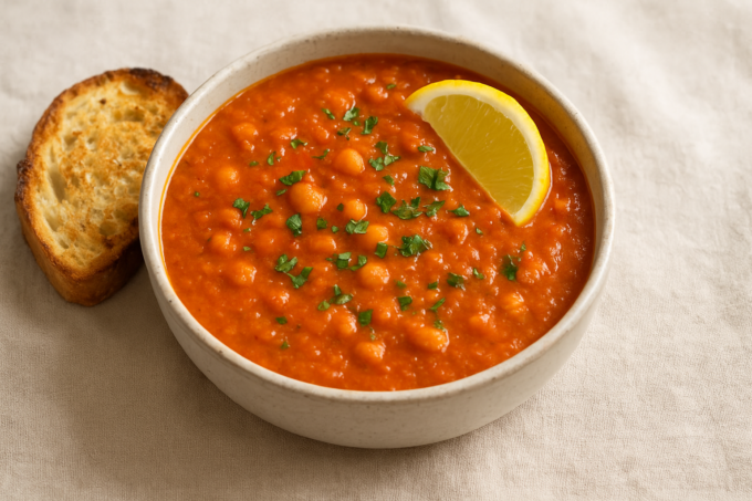 Bol de soupe rustique de pois chiches et tomates, parsemée de persil, avec une tranche de pain grillé à côté